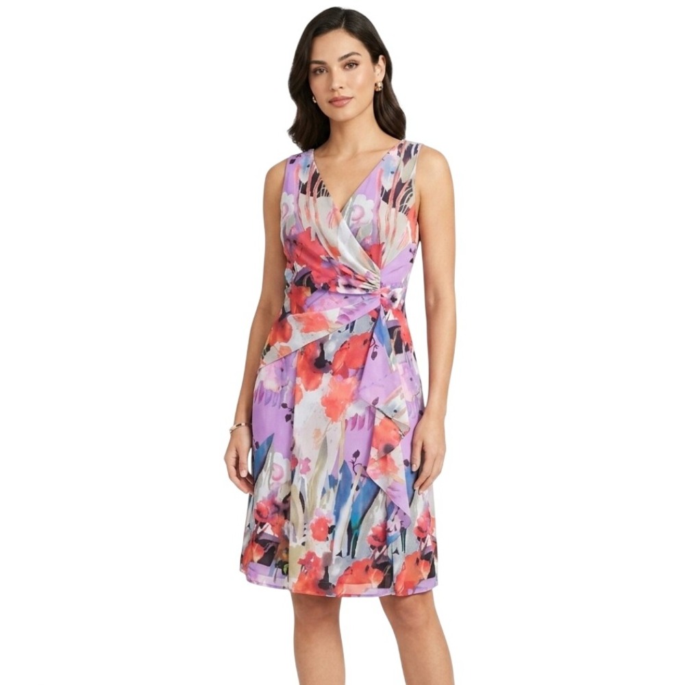 Coldwater Creek Floral Watercolor Dress Women 10 Purple Ruched Sleeveless V-Neck